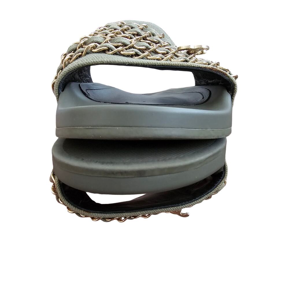 Chanel CC Chain Slide Flat Sandal Khaki Green Canvas Gold Logo 38 US 7 7.5 - Picture 8 of 10